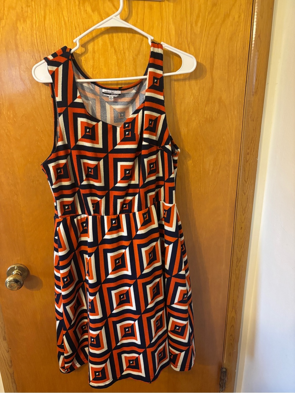 Geometric Print Sleeveless Dress in Orange, Navy & White